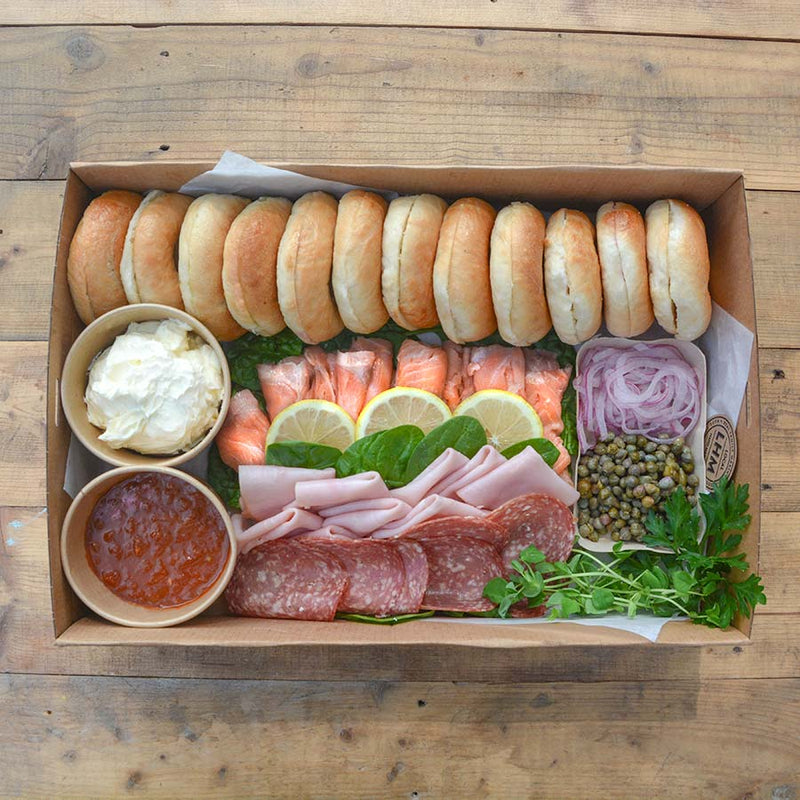 Breakfast Bagel Box. Each person gets 2 mini bagels and fillings. Minimum 6 People