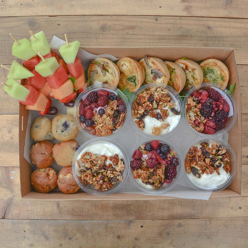 Early Riser Each person will receive 1 Mini Quiche, 1 Muffin, 1 Yoghurt Pot & 1 Fruit Skewer). Minimum 6 people