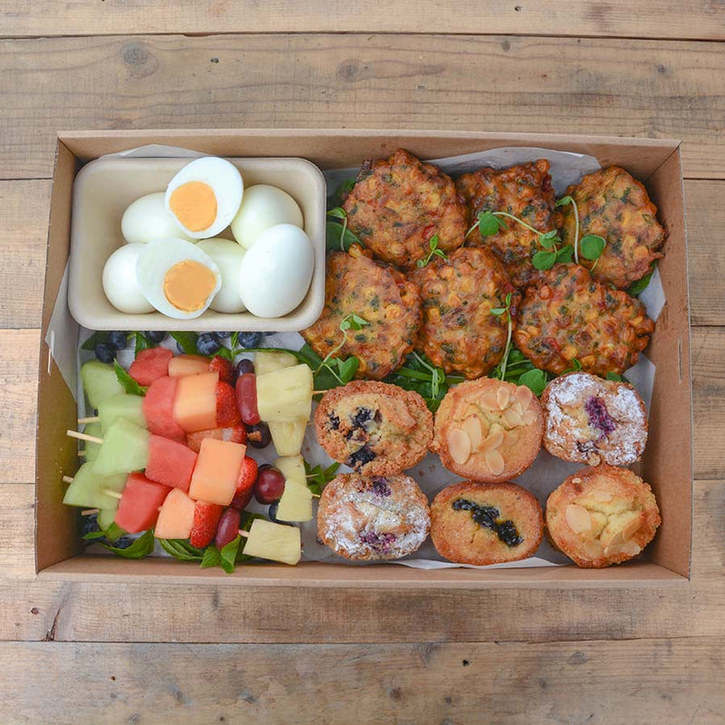 Sweet & Savoury Breakfast Each person gets 1 Corn Fritter, 1 Friand, 1 Boiled Egg, 1 Fruit Skewer.  Minimum 6 people