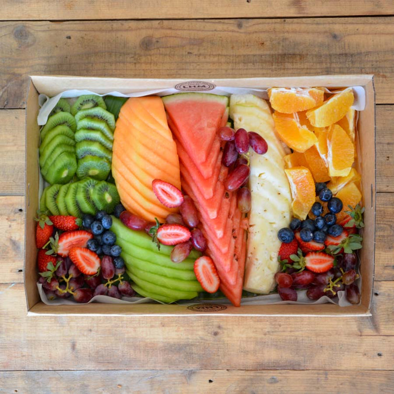 Fruit Platter with fresh oranges, watermelon, rockmelon, kiwi fruit, strawberries, blueberries, grapes, honeydew melon and pineapple. Delicious and healthy! Order the best!